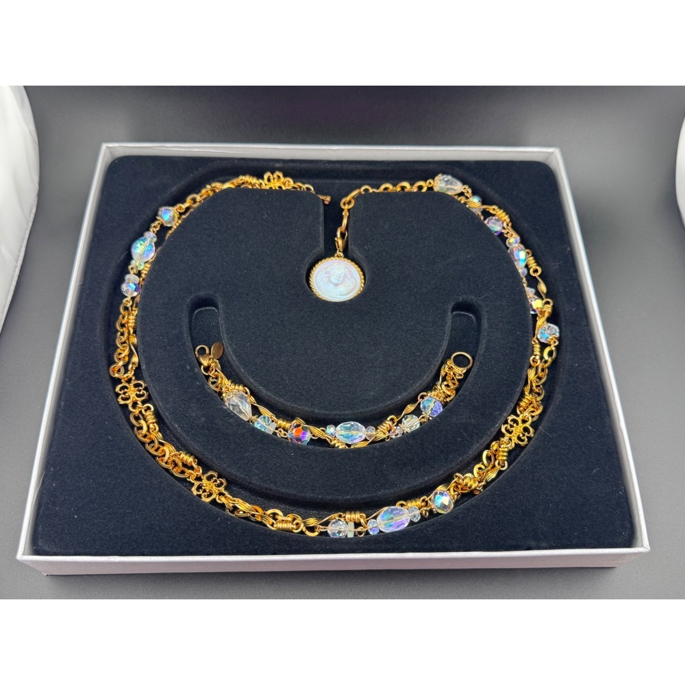 Kirks Folly Dream Angel Face Glass Cameo Gold Tone Necklace Bracelet Set